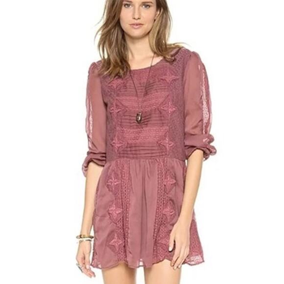 Free People Leigh Long Sleeve Lace Dress Mauve Plum Size Medium - Picture 1 of 11